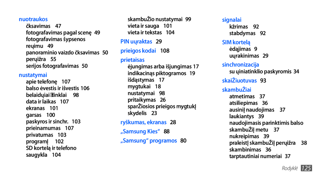 Samsung GT-S5830RWASEB, GT-S5830OKASEB manual 107, 101, 102, Skambučio nustatymai , 104, 108, Su žiniatinklio paskyromis  